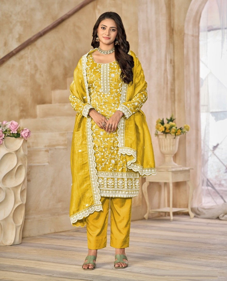 227-mustard - Embroidered Work Crush Straight Suit in Mustard for Women